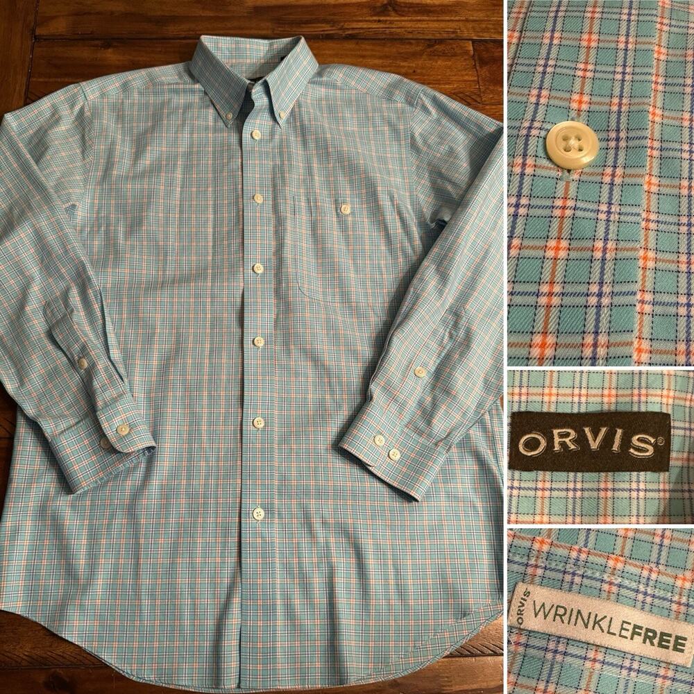 Orvis Men’s Light Blue Orange Wrinkle Free Men’s Medium Button Front Dress Shirt